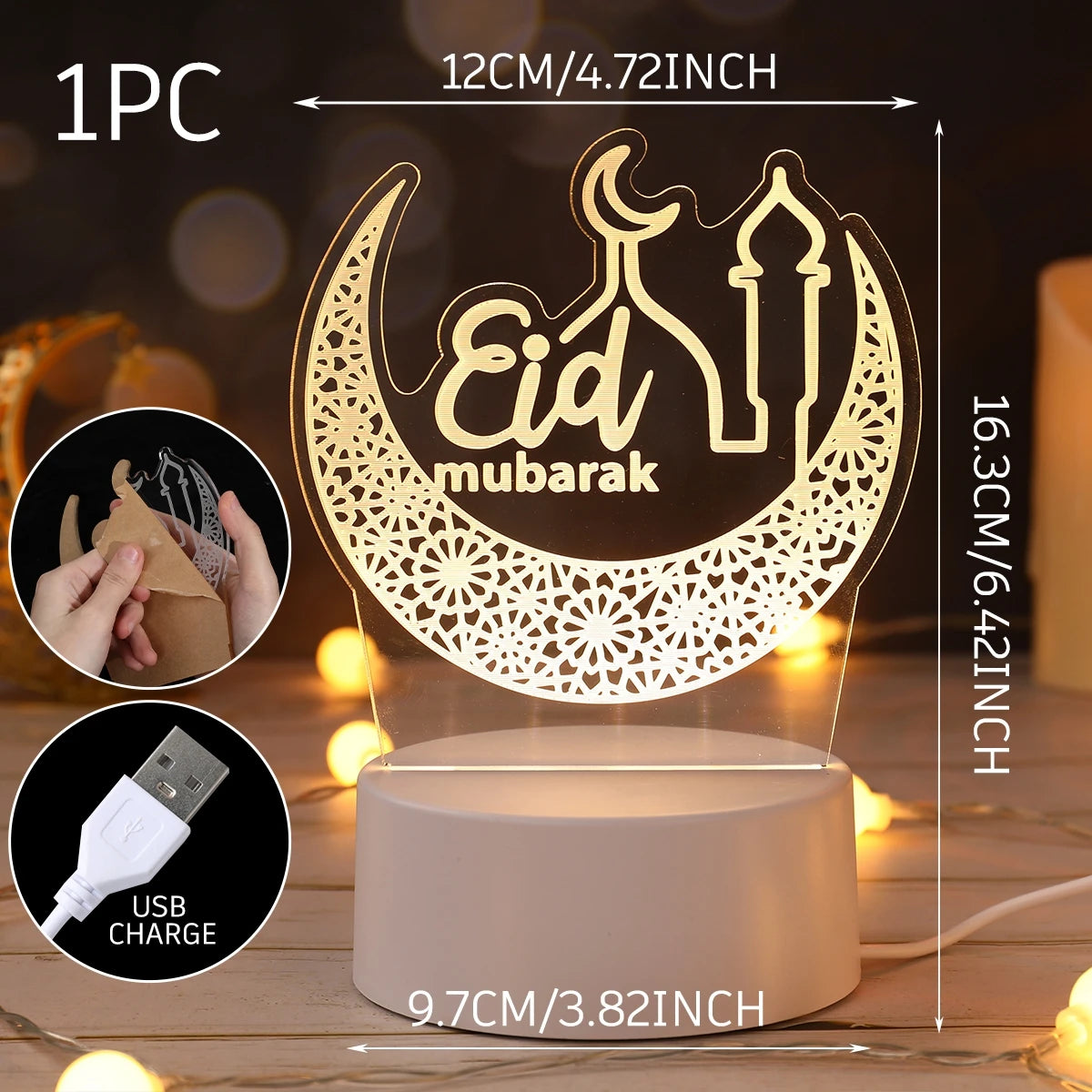 Lampe LED 3D Eid Mubarak,Ramadan
